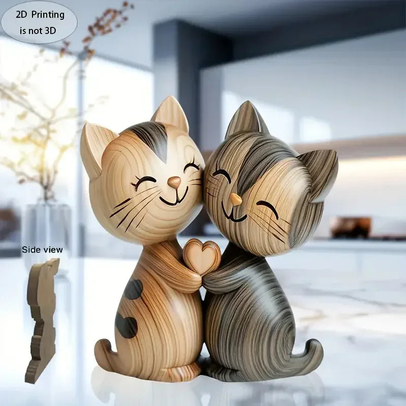 Wooden Cat Couple Sculpture - 2D Desktop Decor