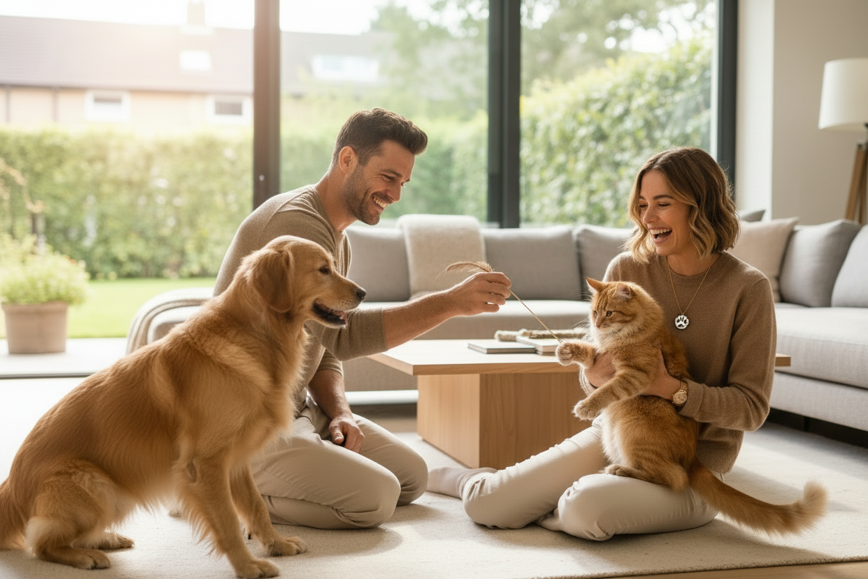 זוג משחק עם כלב וחתול - בלי צמיד