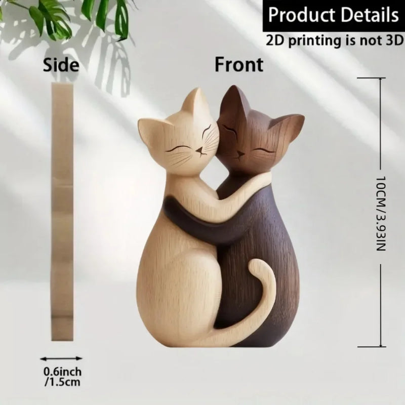 Wooden Cat Couple Sculpture - 2D Desktop Decor
