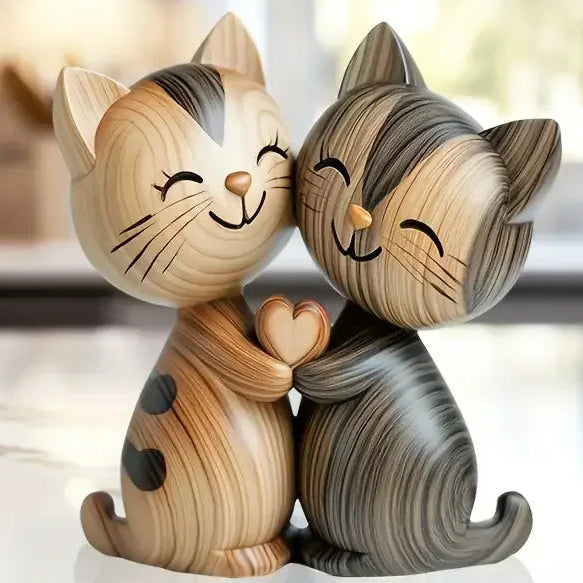 Wooden Cat Couple Sculpture - 2D Desktop Decor
