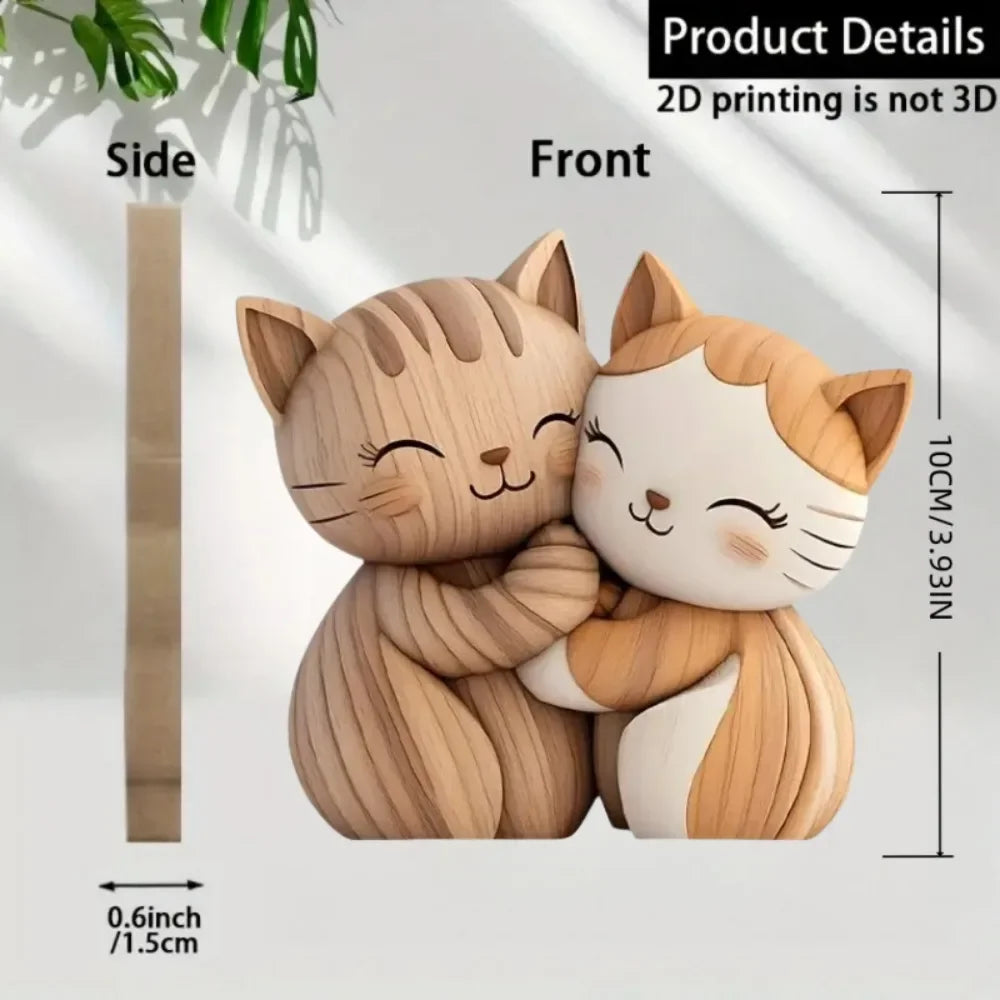 Wooden Cat Couple Sculpture - 2D Desktop Decor