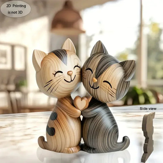 Wooden Cat Couple Sculpture - 2D Desktop Decor